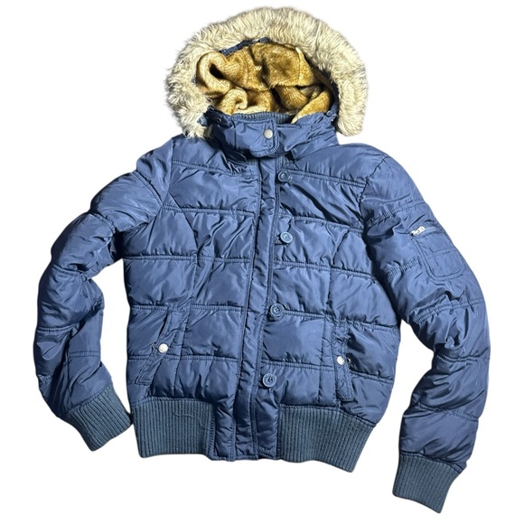 Y2K ▶️ Aeropostale ◀️ Faux Fur Trim Puffer JacketNavy Blue. Large.